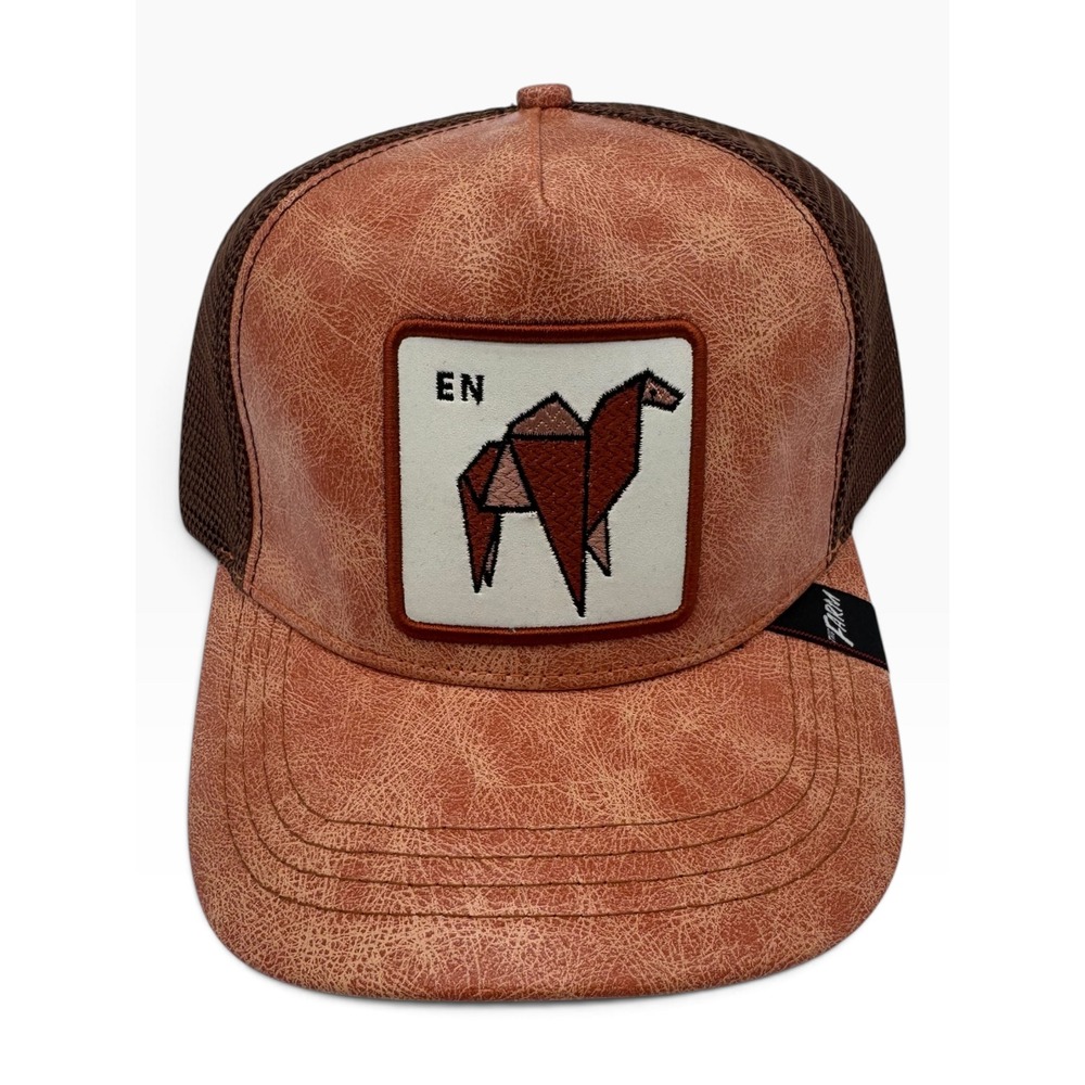 The Farm Company Origami Camel Trucker Hat Brown Faux Leather Wild Life Series